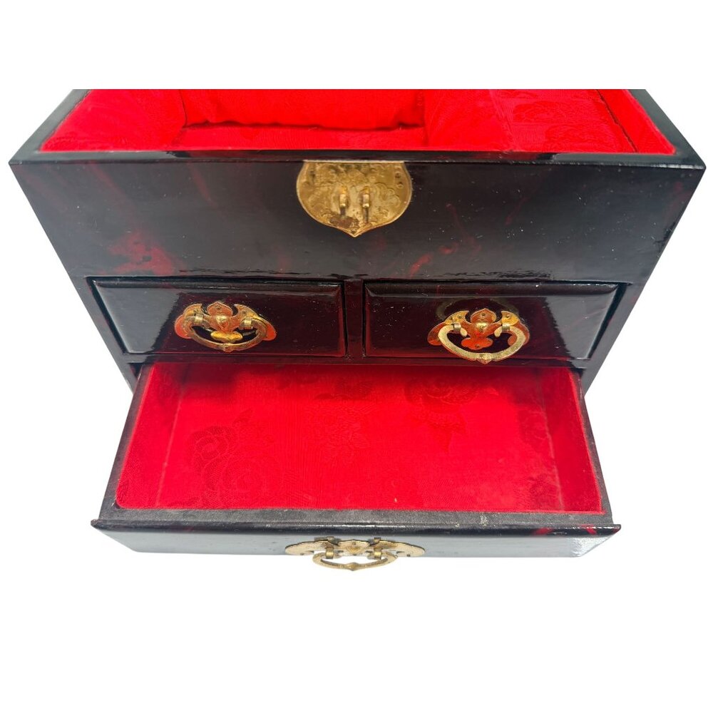 Vintage Oriental Wood Laquer Jewelry Box Red Silk Lining Mirror Carved Top - Picture 8 of 16